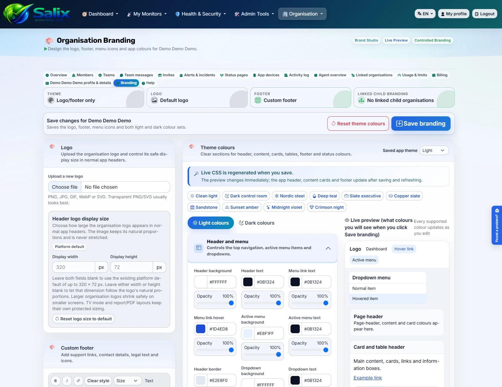Branding screenshot in Salix Monitor 360