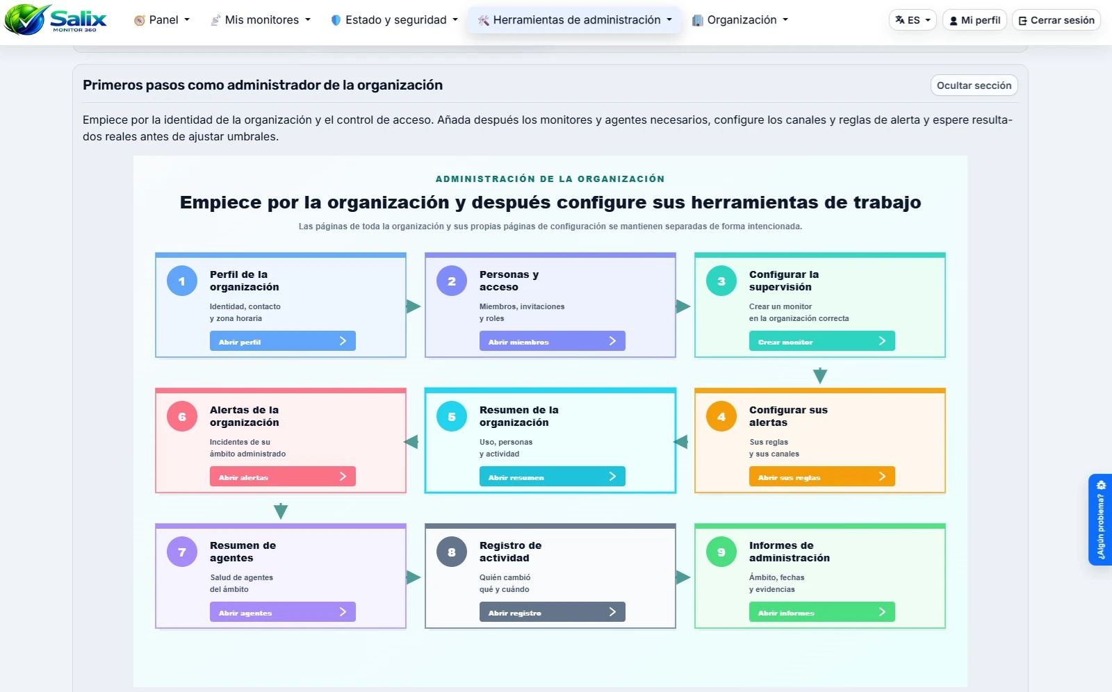 Página de Ayuda para administradores dentro de la aplicación Salix Monitor 360