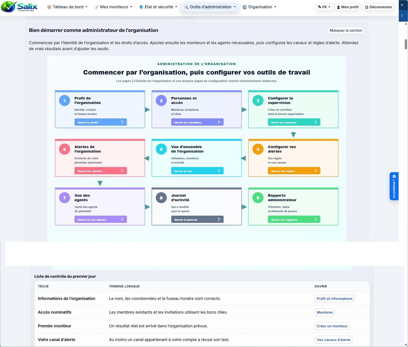 Page Aide administrateur dans l’application Salix Monitor 360