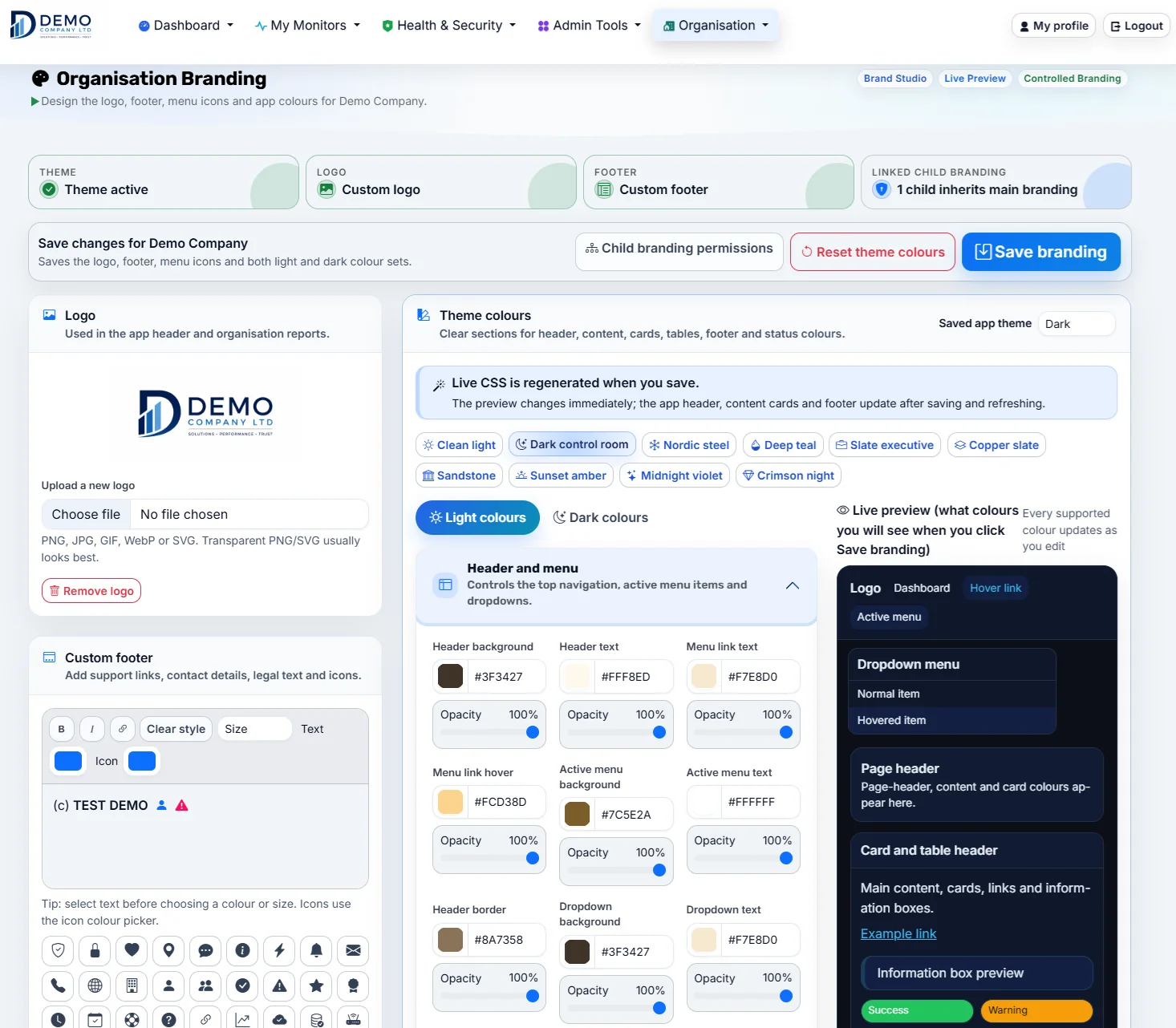 Organisation branding page