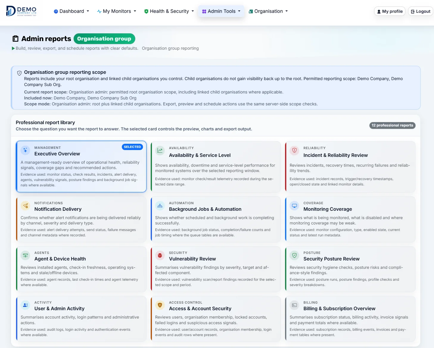 Organisation admin reports page