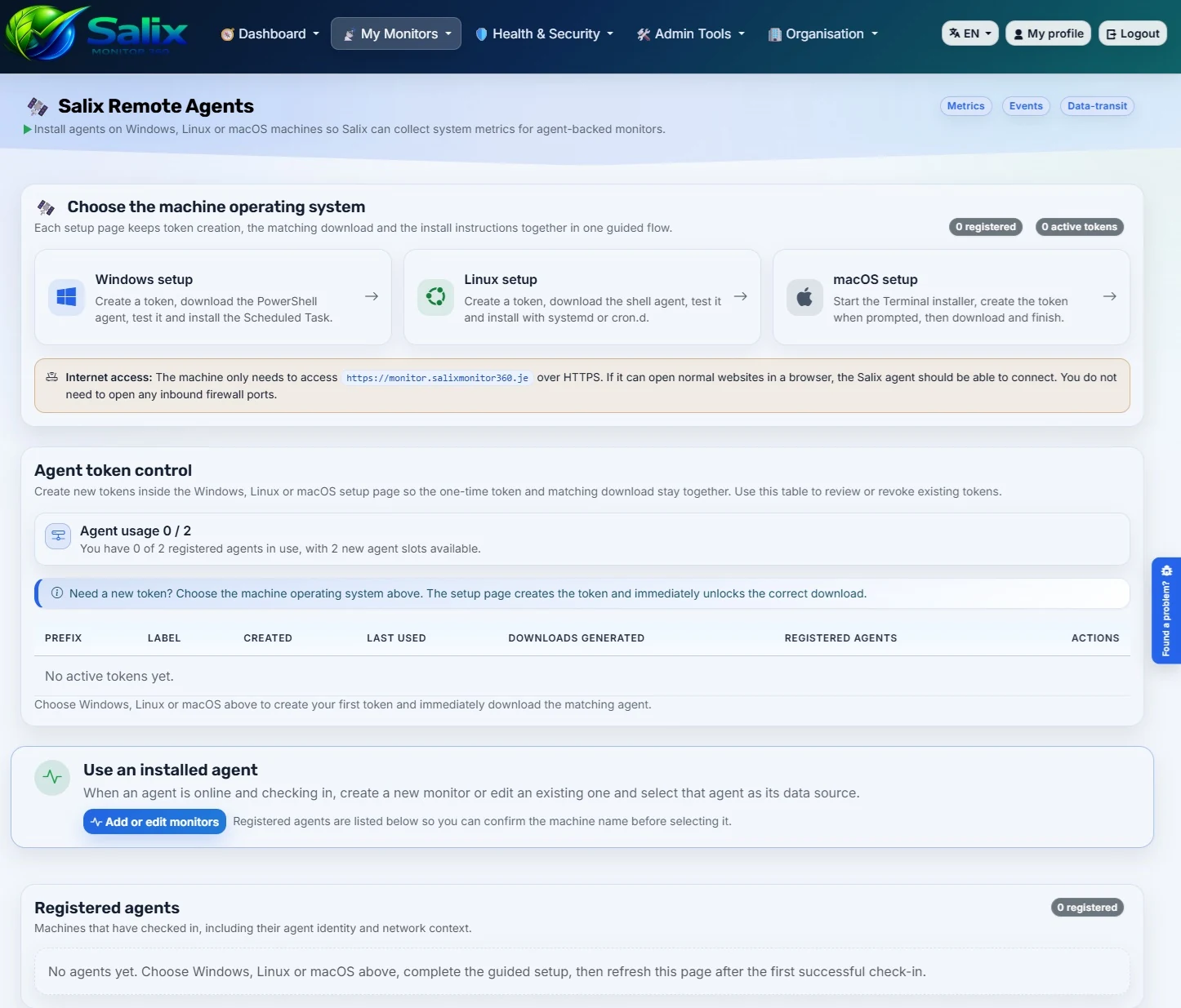 Agents page in Salix Monitor 360