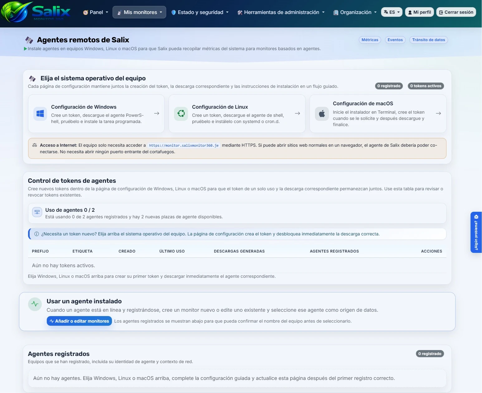 Página de agentes en Salix Monitor 360