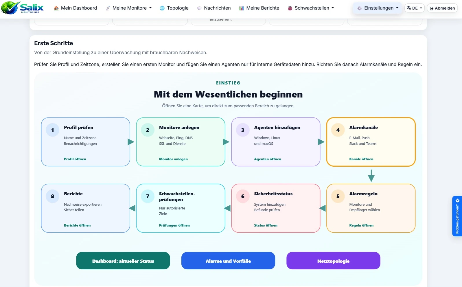 Seite Benutzerhilfe und Dokumentation in der Salix-Monitor-360-App