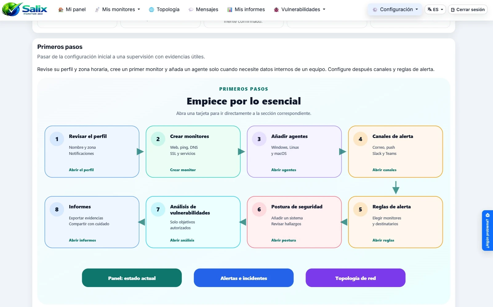 Página de Ayuda y documentación para usuarios dentro de la aplicación Salix Monitor 360