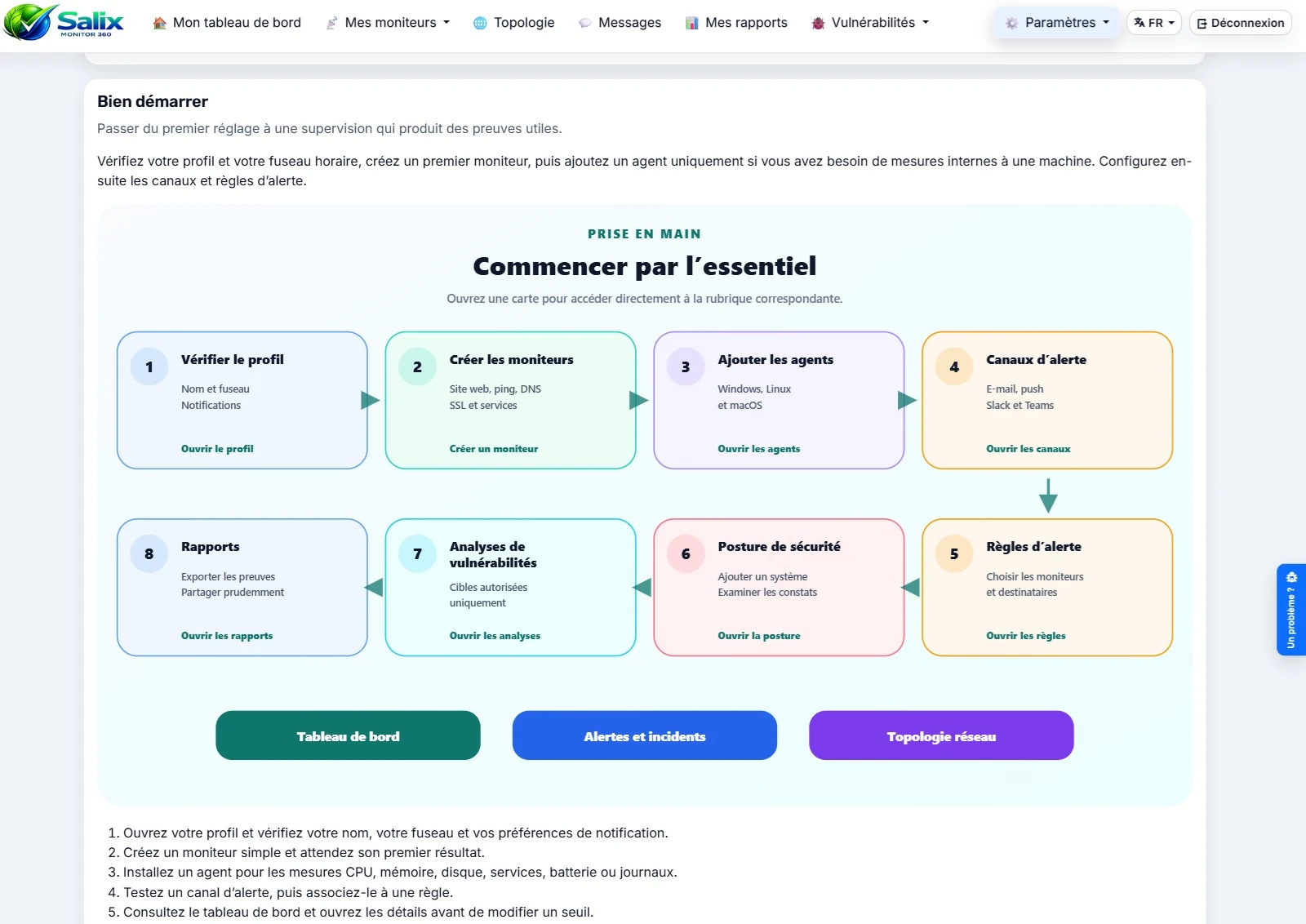 Page Aide et documentation utilisateur dans l’application Salix Monitor 360