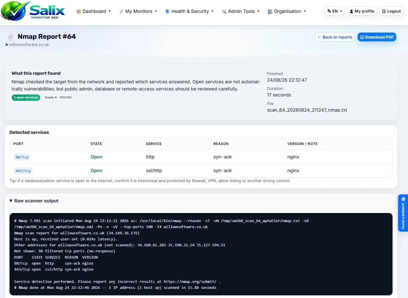 Salix Monitor 360 Nmap vulnerability scan report with host findings and raw output