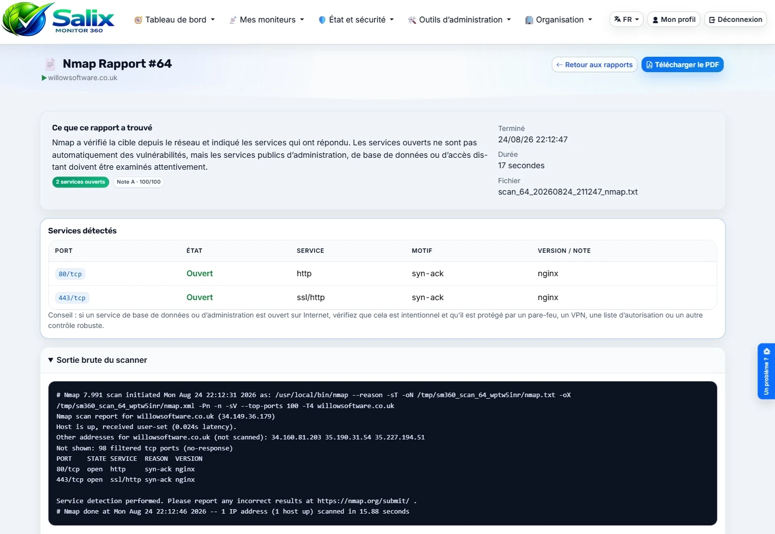 Rapport d’analyse de vulnérabilités Nmap de Salix Monitor 360 avec constats par hôte et résultats bruts
