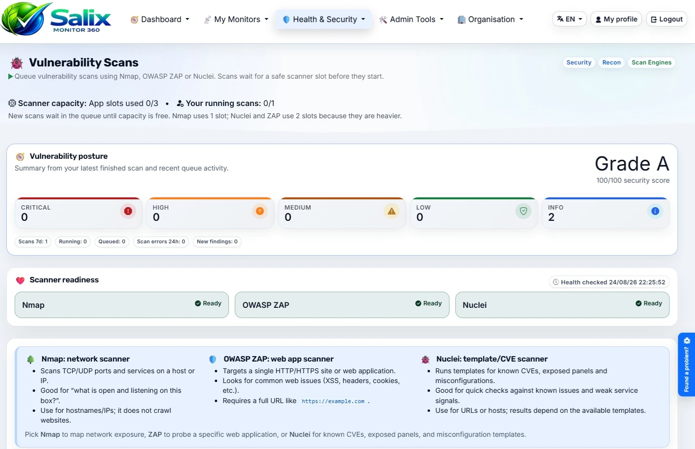 Vulnerability scans page in Salix Monitor 360
