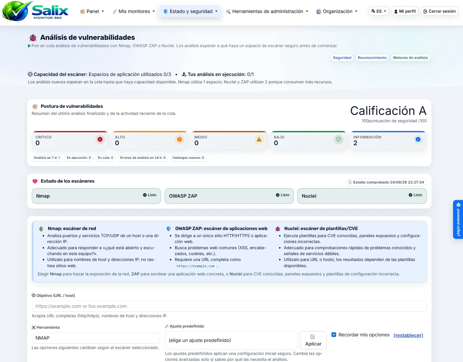 Página de análisis de vulnerabilidades en Salix Monitor 360