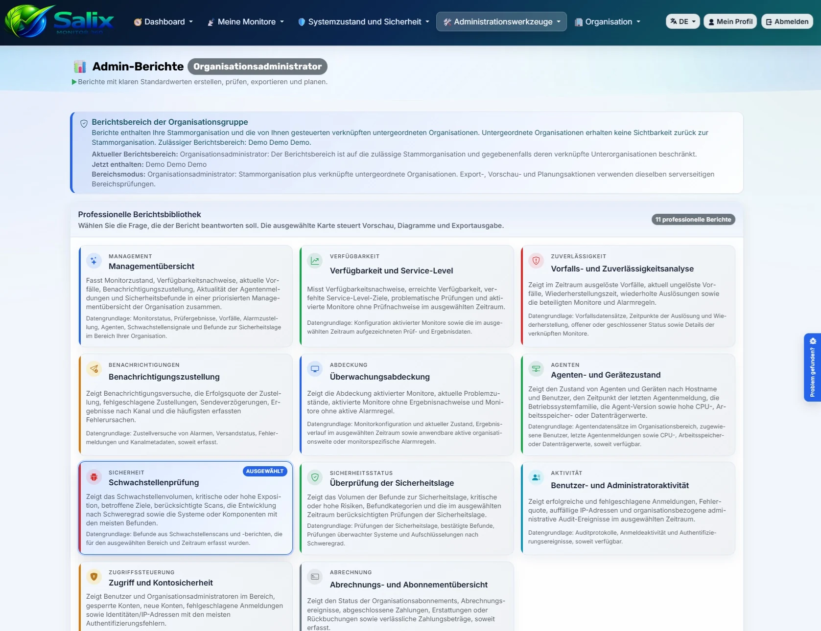 Screenshot der Berichte in Salix Monitor 360