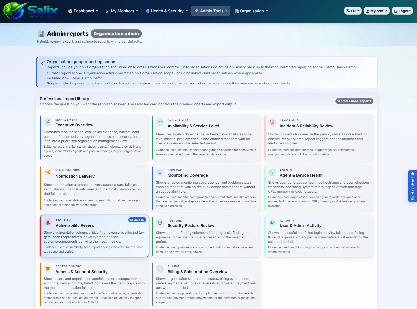 Reports screenshot in Salix Monitor 360