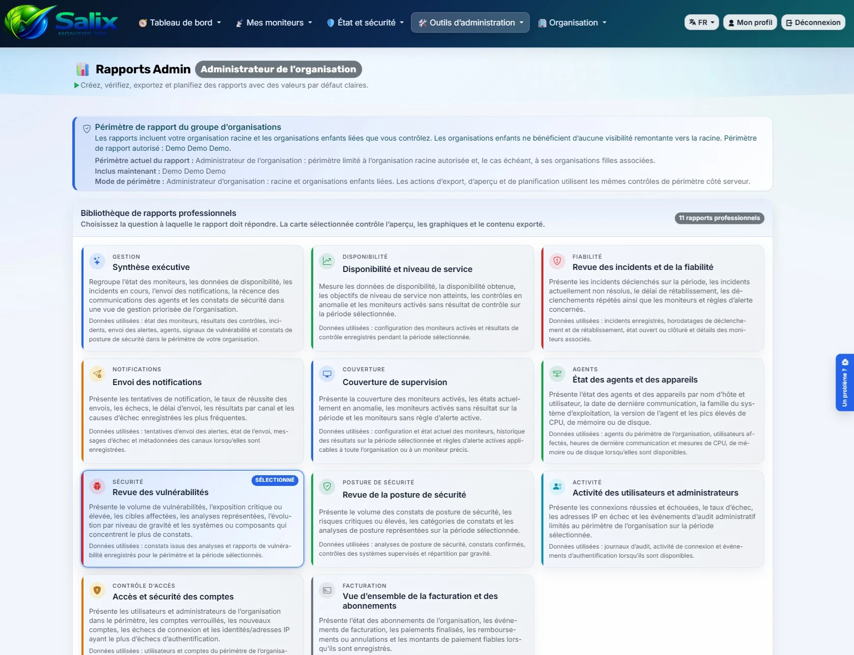 Capture d’écran des rapports dans Salix Monitor 360