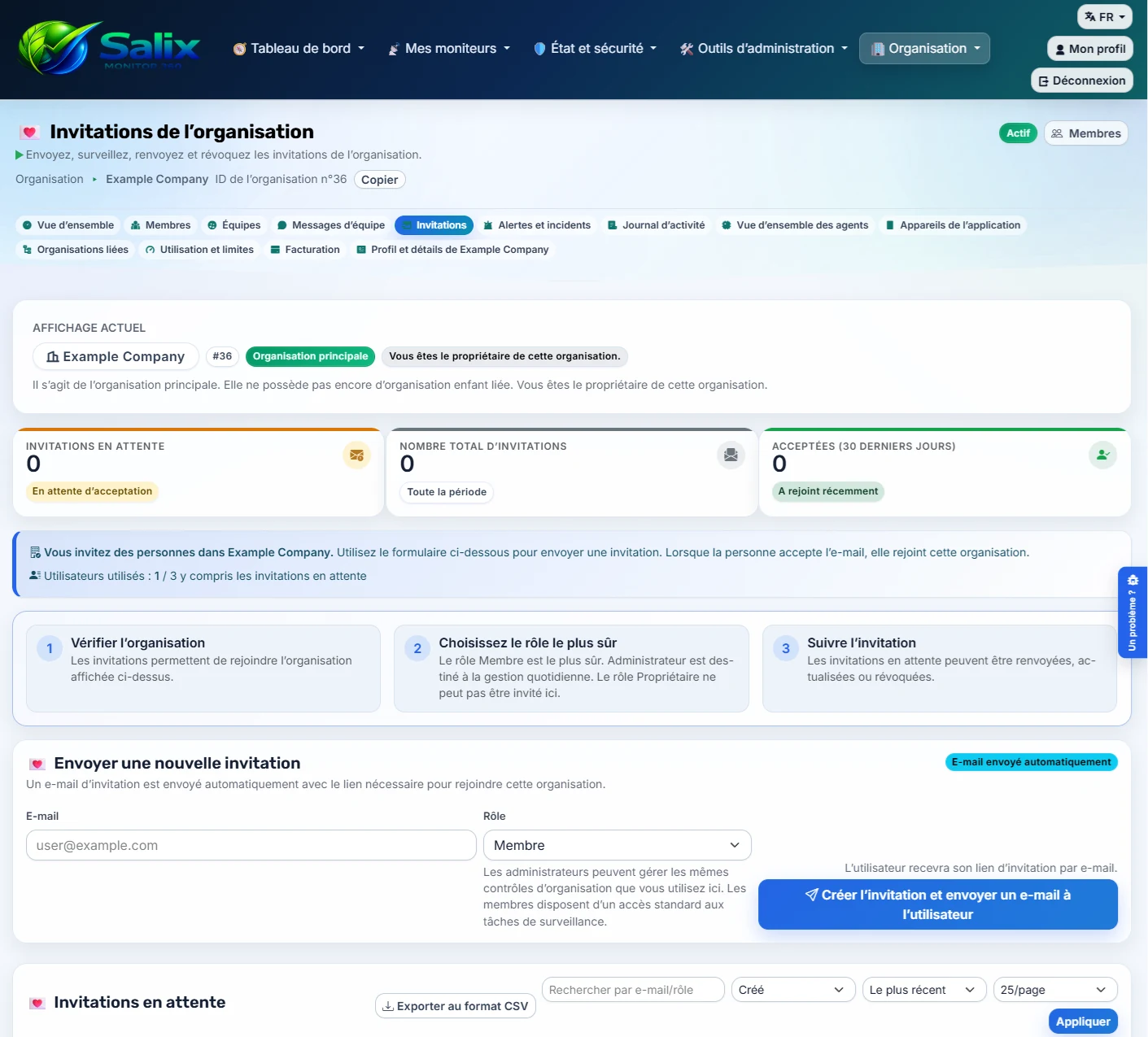 Seite für Organisationseinladungen in Salix Monitor 360 auf Französisch