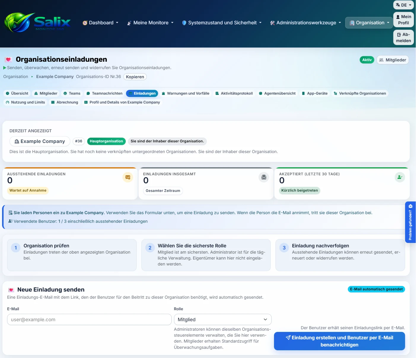 Seite für Organisationseinladungen in Salix Monitor 360 auf Deutsch
