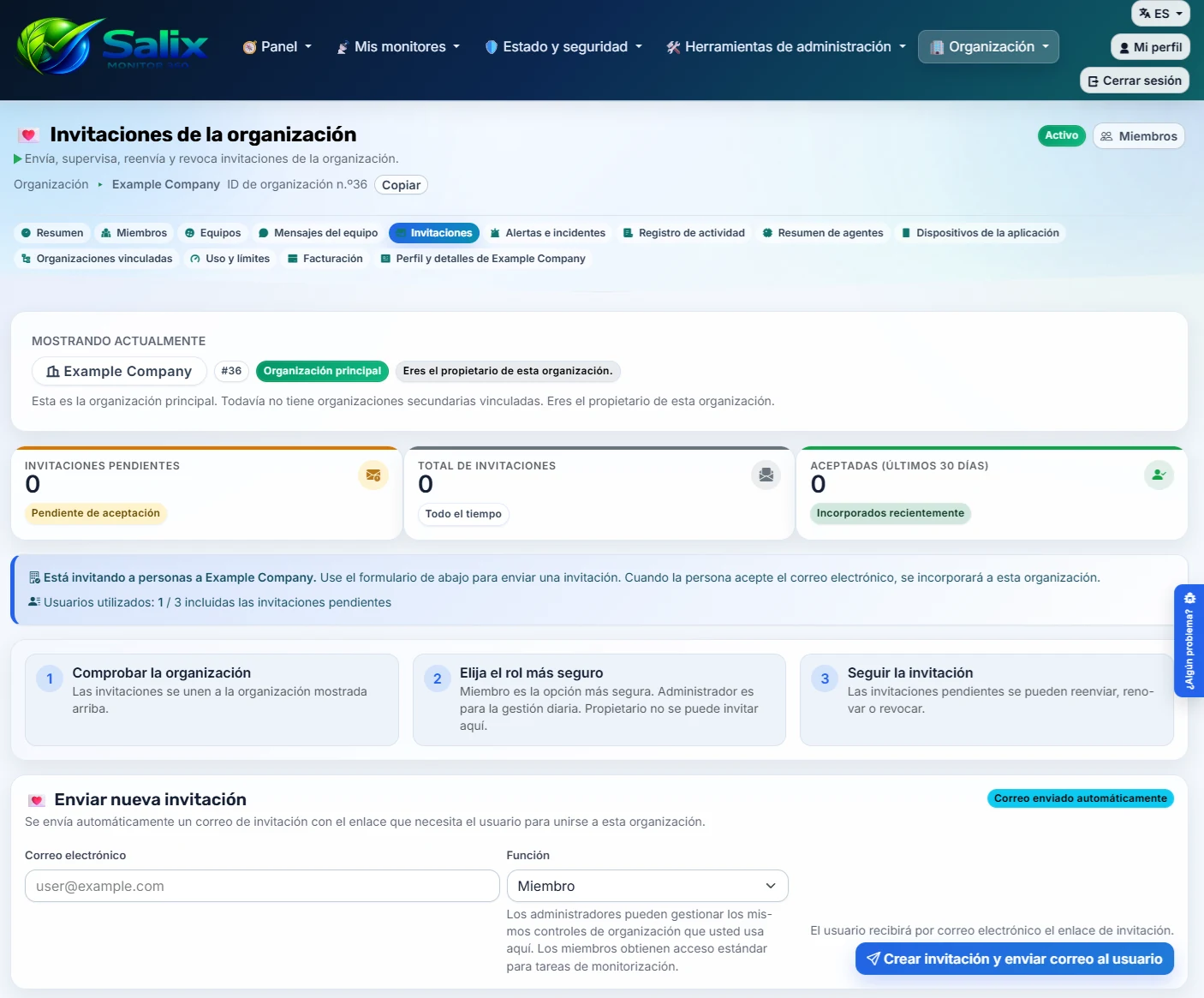 Seite für Organisationseinladungen in Salix Monitor 360 auf Spanisch