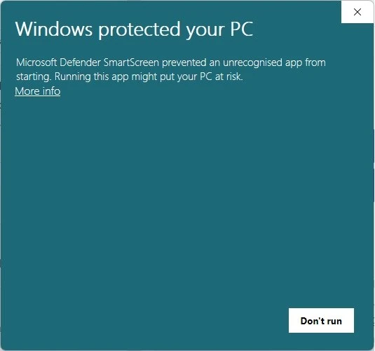 Windows SmartScreen warning. Click More info to continue.