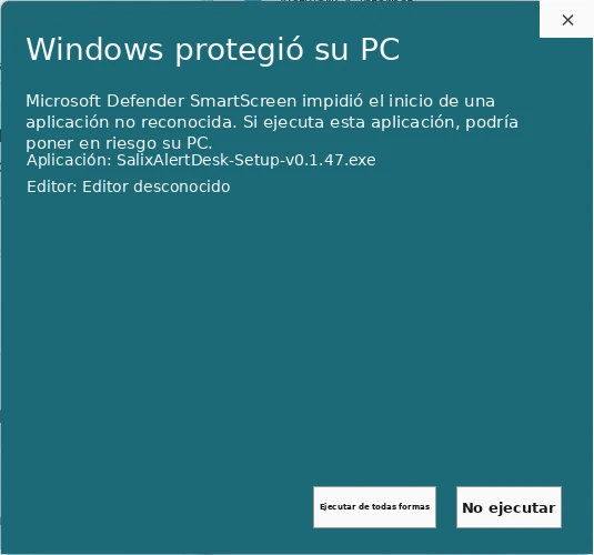 Botón Ejecutar de todas formas de Windows SmartScreen para Salix Alert Desk.