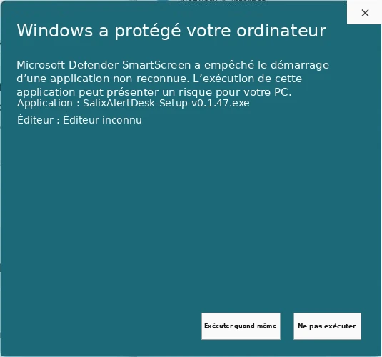 Bouton Exécuter quand même de Windows SmartScreen pour Salix Alert Desk.