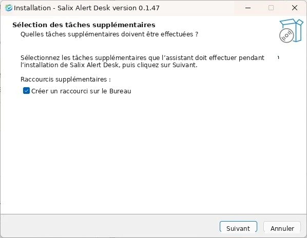 Options de raccourci de l’installation Salix Alert Desk. Cliquez sur Suivant.